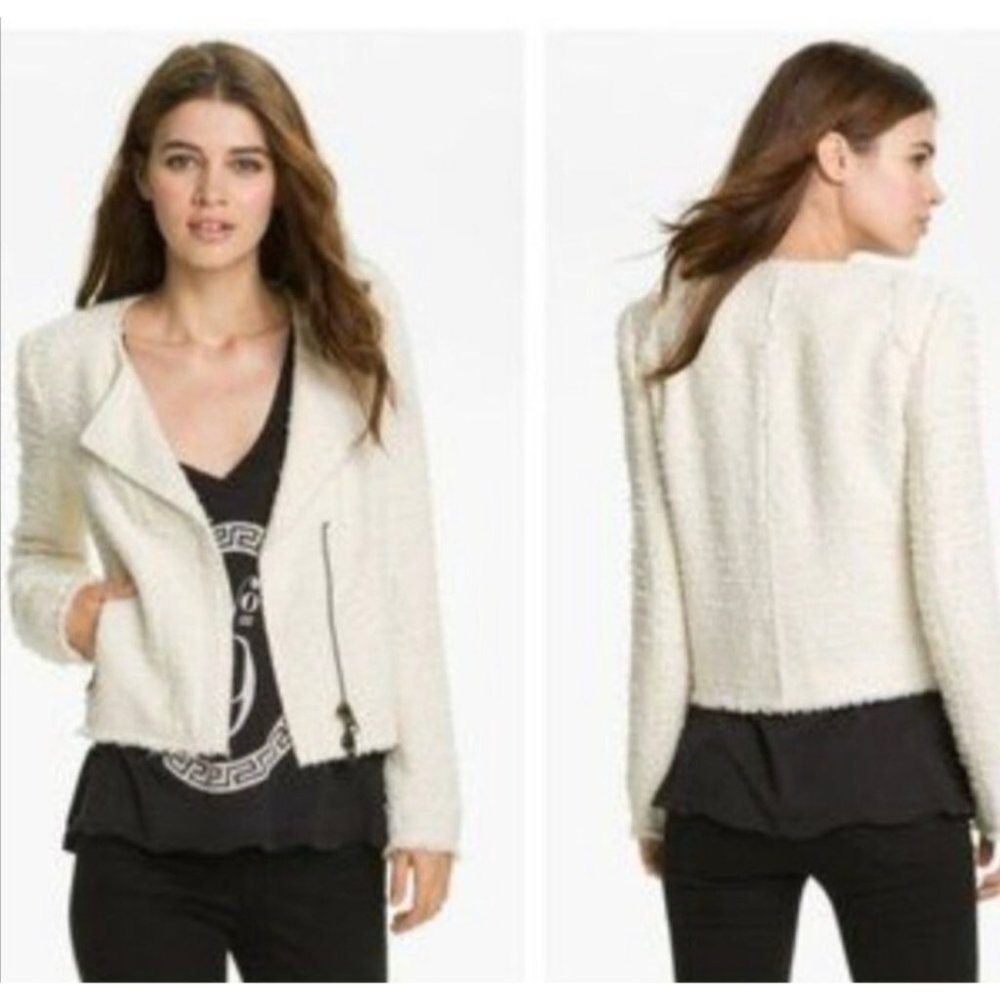 Truth and Pride Petite Dressy Off‎ White Ecru Cream Zippered Boucle Moto Jacket